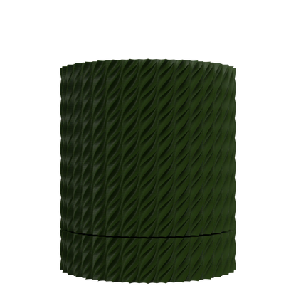 Pot décoratif vert foncé avec texture ondulée en spirale couvrant toute sa surface cylindrique.