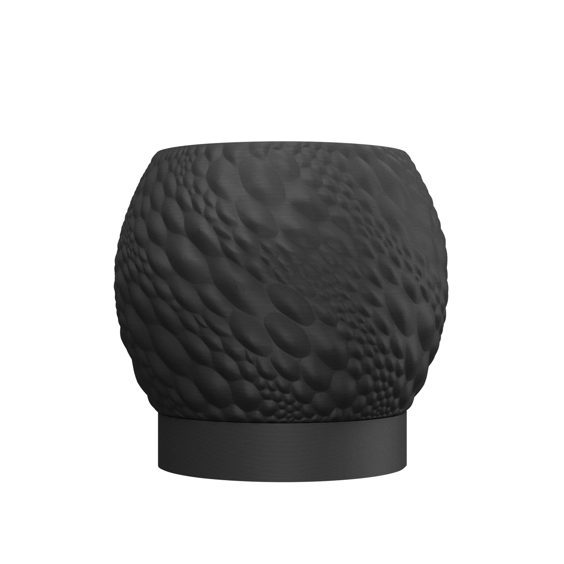 Pot décoratif noir mat au design texturé en relief imitant des motifs organiques, forme arrondie avec base plate légèrement.