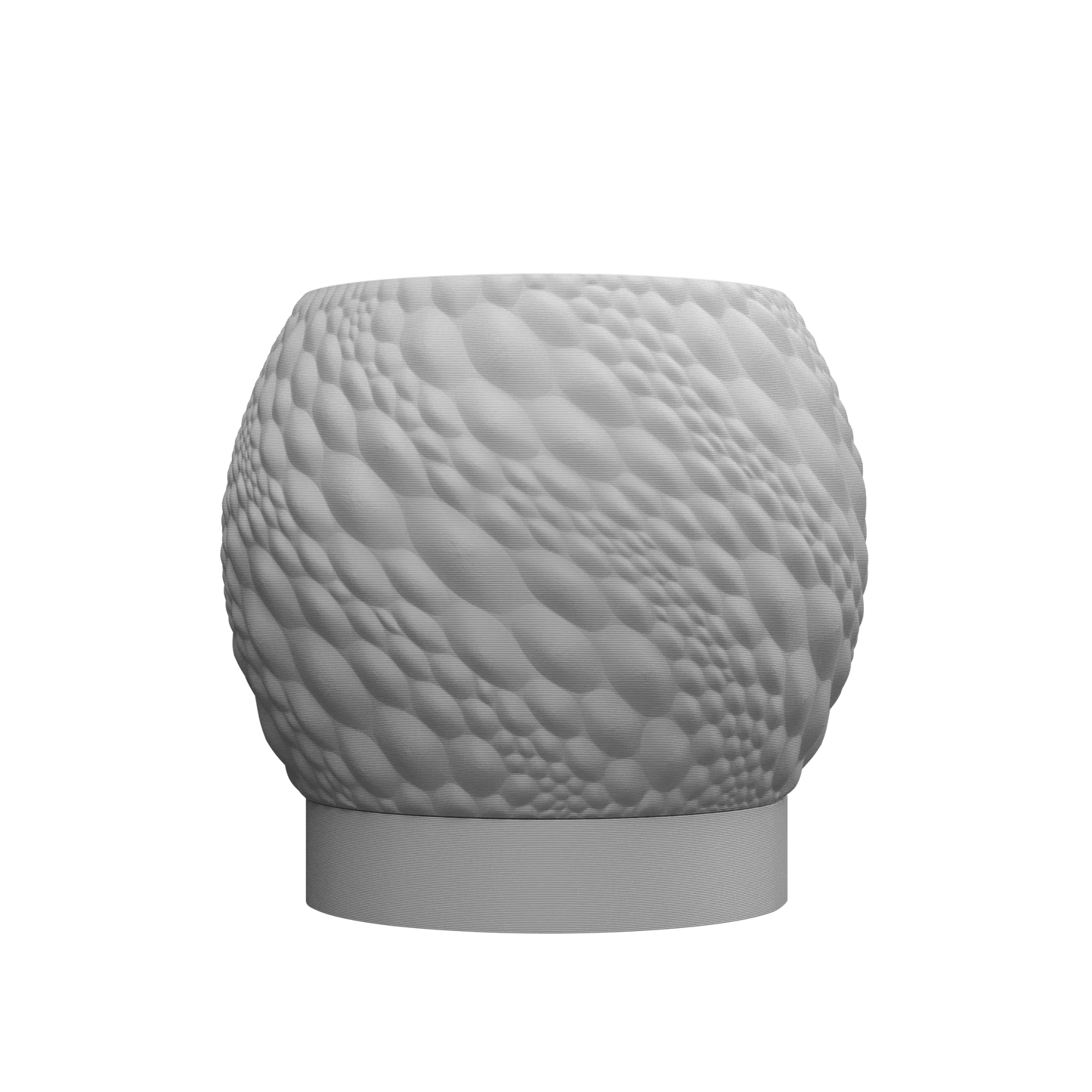 Pot décoratif blanc mat en forme arrondie avec surface texturée en relief ondulé sur toute la surface, base lisse et.