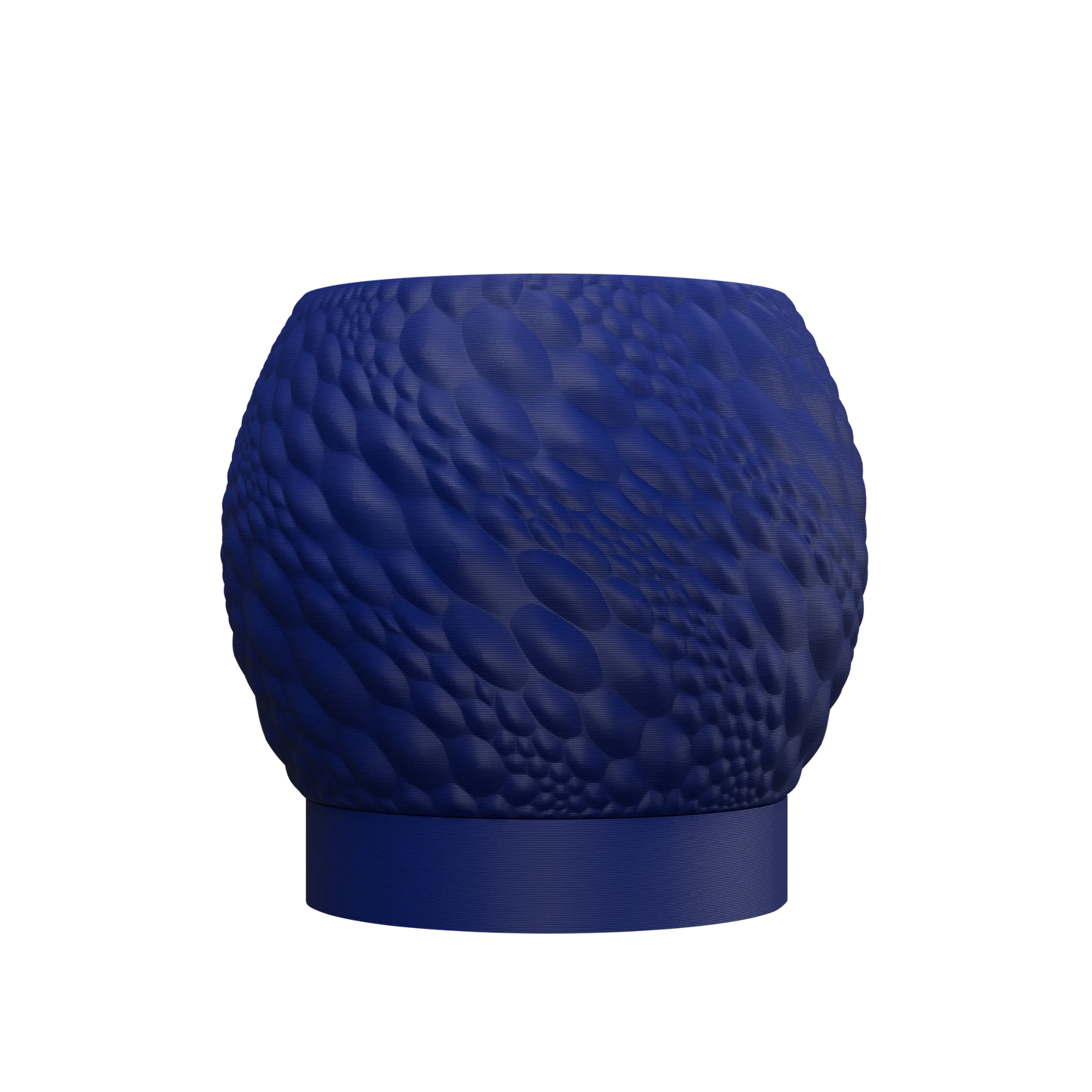 Pot décoratif rond bleu foncé à texture en relief irrégulière sur toute la surface, base lisse et légèrement évasée, style.