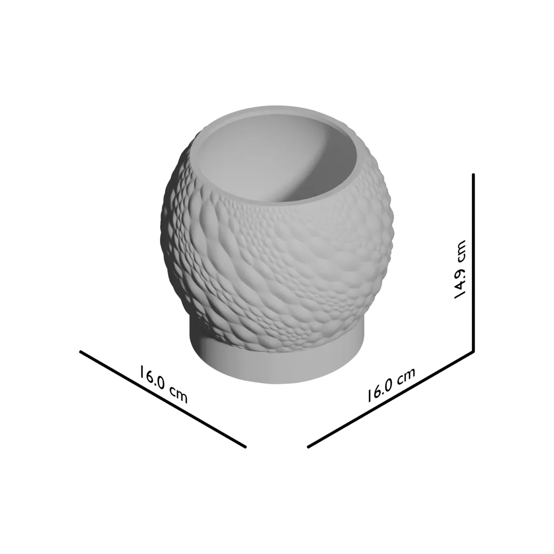 Pot décoratif rond blanc mat avec texture en relief organique rappelant des bulles, base lisse et ouverte sur le dessus.