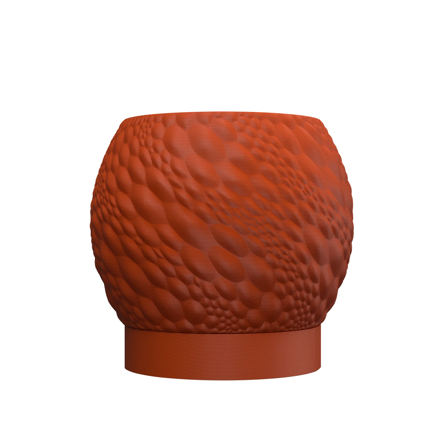 Pot décoratif rond en plastique orange texturé avec motifs en relief effet peau, base lisse et stable.