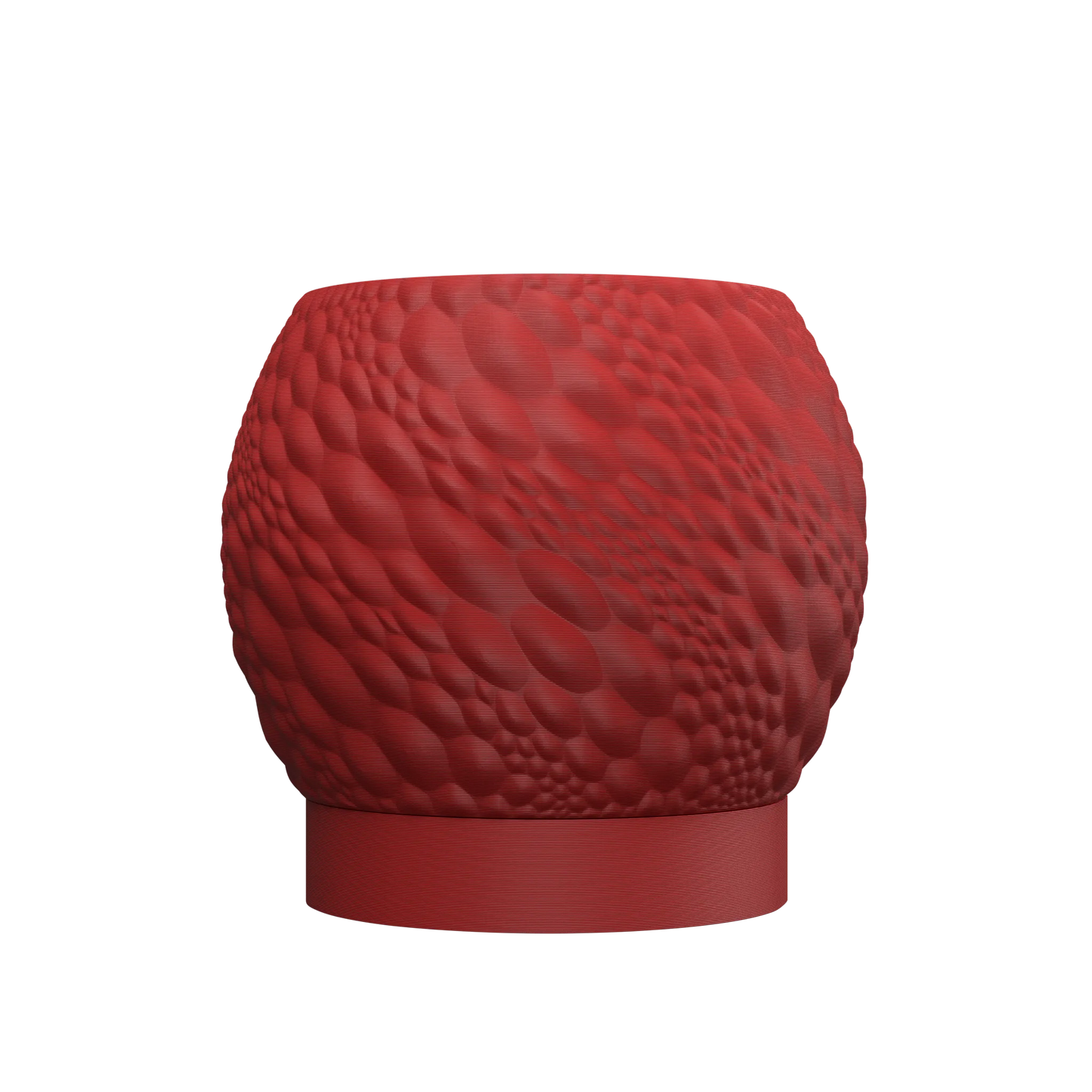 Pot décoratif rouge avec surface texturée en relief imitant des motifs organiques, base lisse cylindrique.