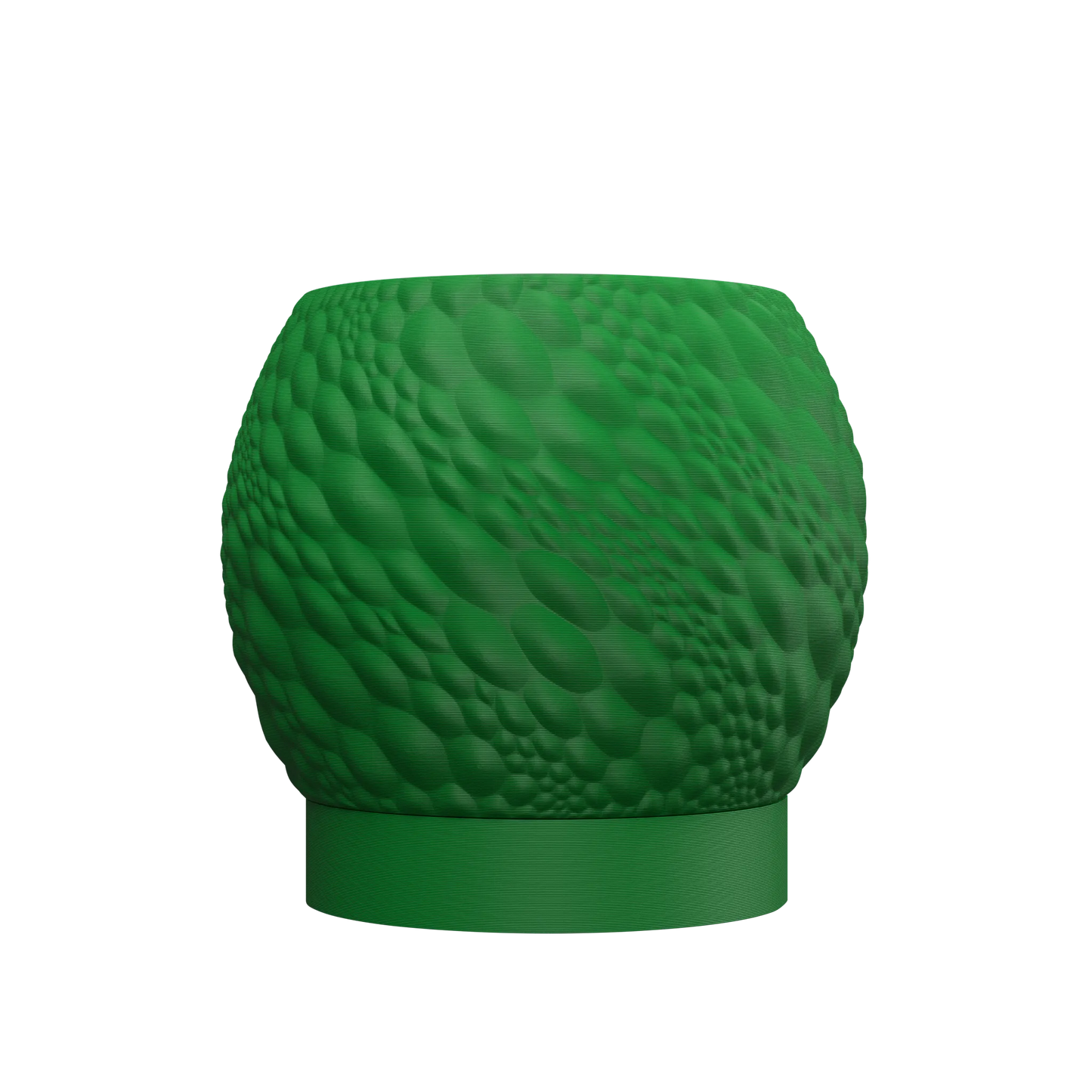 Pot décoratif vert vif en plastique avec surface texturée en motifs ronds, base lisse et large.