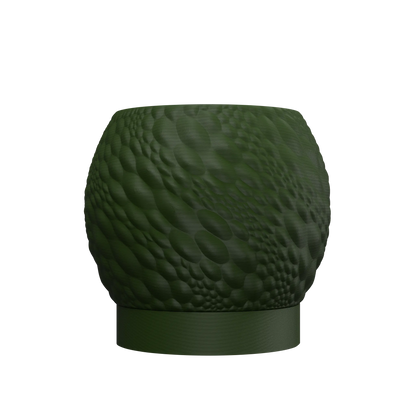 Pot décoratif vert foncé en plastique avec texture ondulée et base circulaire lisse, design moderne.
