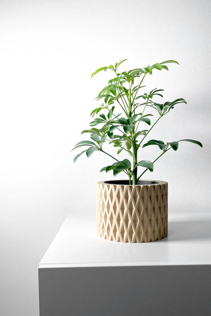 Pot décoratif beige en matériaux modernes avec motif géométrique en relief, plante verte aux feuilles allongées placé dessus