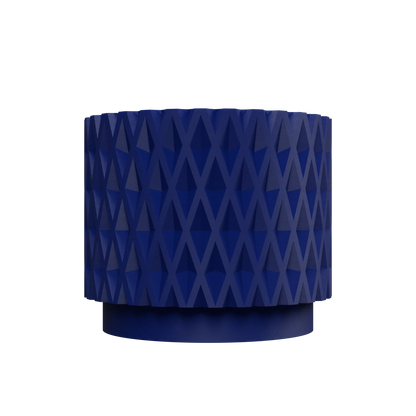 Pot décoratif moderne bleu foncé avec surface texturée en motifs géométriques en relief, base légèrement plus étroite.
