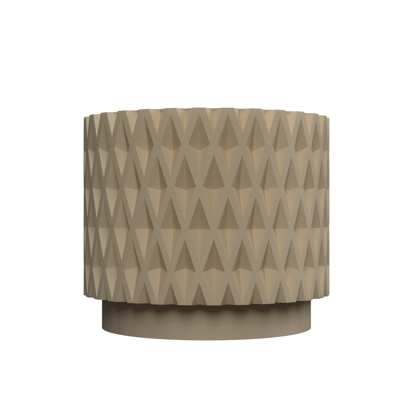 Pot décoratif gris taupe mat avec motif géométrique triangulaire en relief, forme cylindrique moderne et base légèrement.