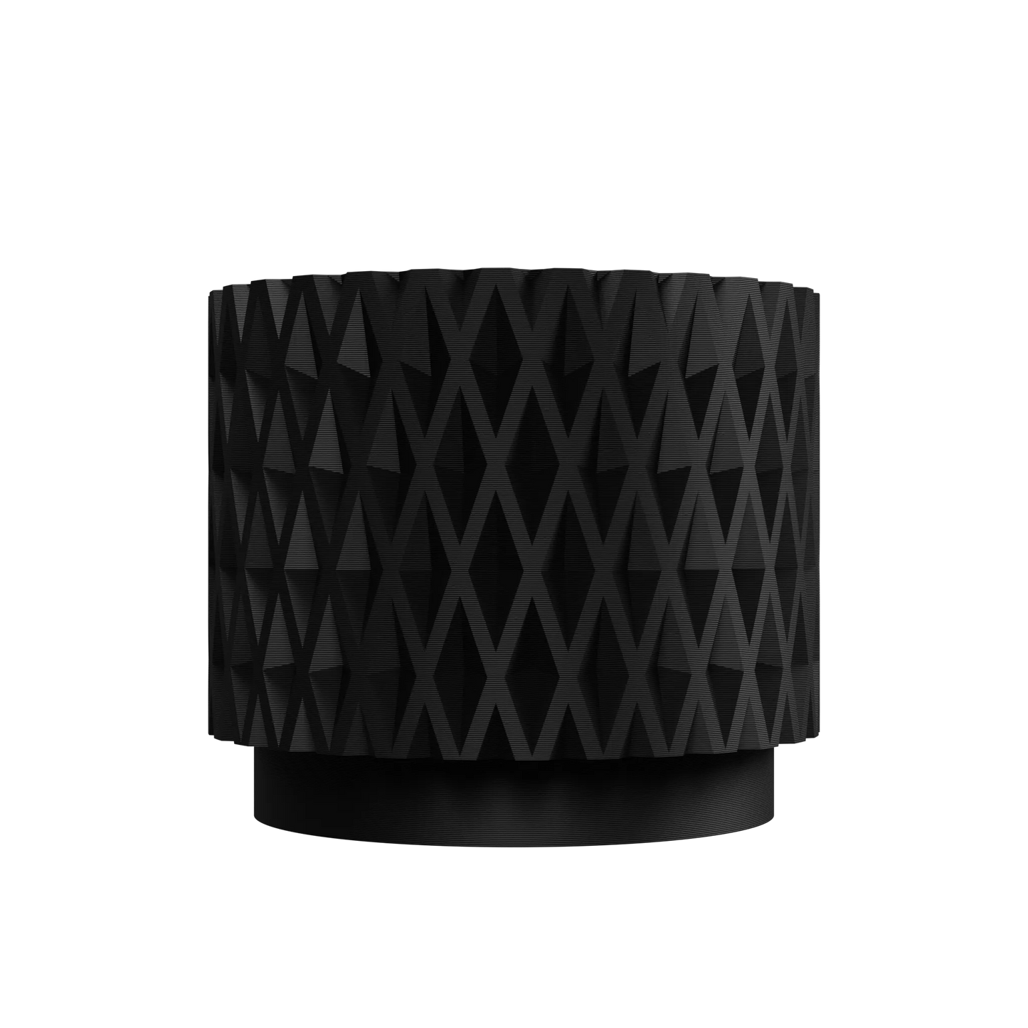 Pot décoratif noir mat avec motif en relief géométrique en forme de losanges, forme cylindrique moderne, finition texturée.