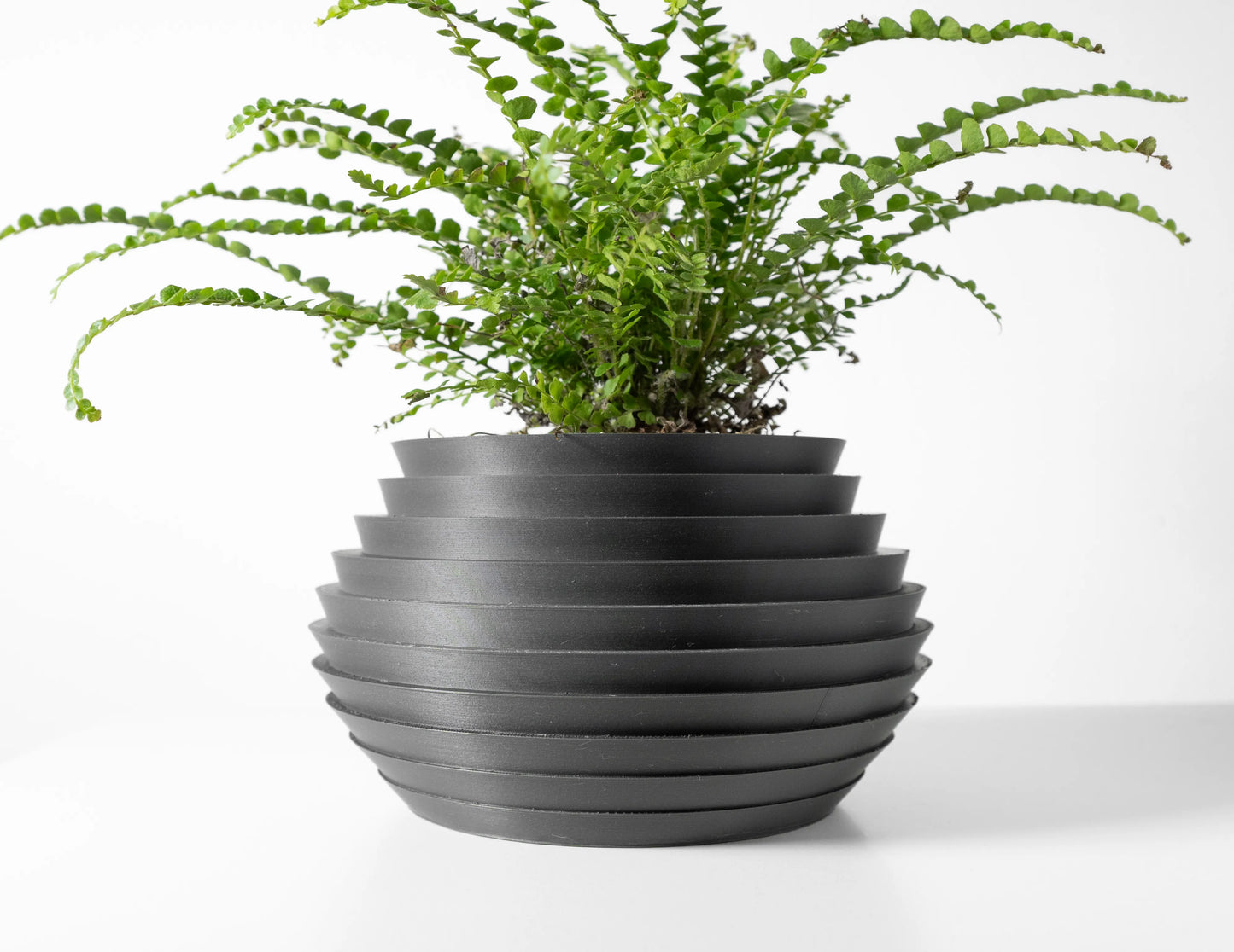 Pot décoratif anthracite en matériau durable à design contemporain avec surface striée et forme ronde aplatie, contenant une .