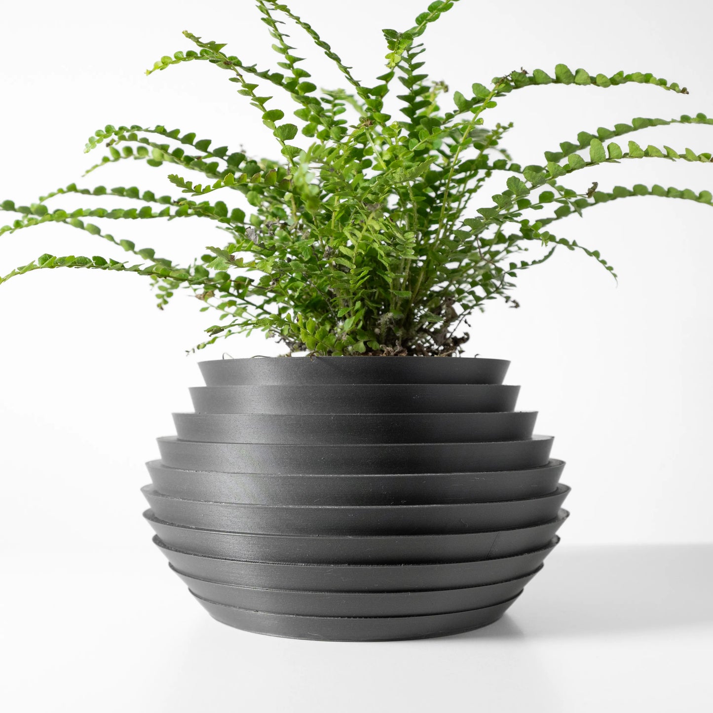 Pot décoratif anthracite en matériau durable, forme contemporaine avec rainures horizontales, plante verte luxuriante.