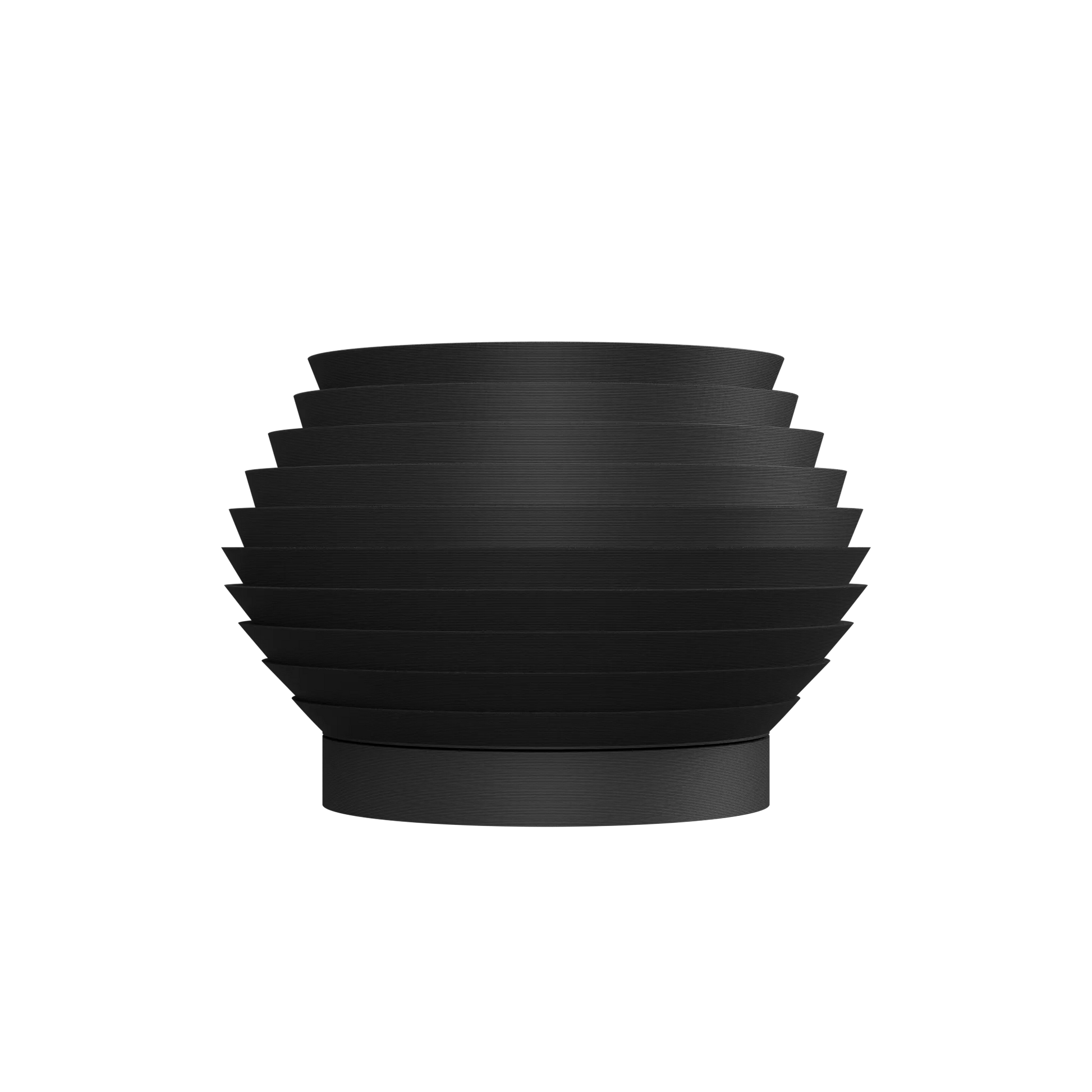 Pot décoratif noir mat à forme ronde avec surface striée horizontale et base légèrement évasée.