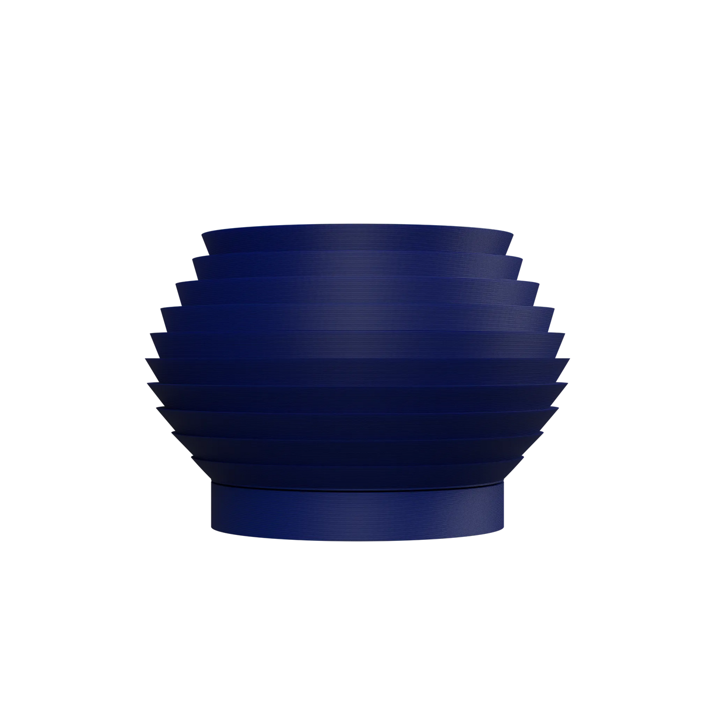 Pot décoratif bleu marine mat à forme arrondie avec surfaces striées horizontales et base plate.