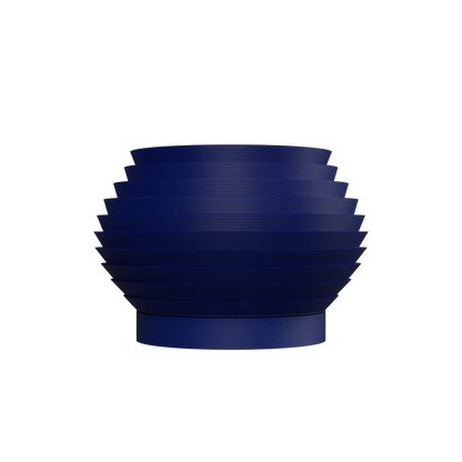 Pot décoratif bleu marine mat à forme arrondie avec surfaces striées horizontales et base plate.
