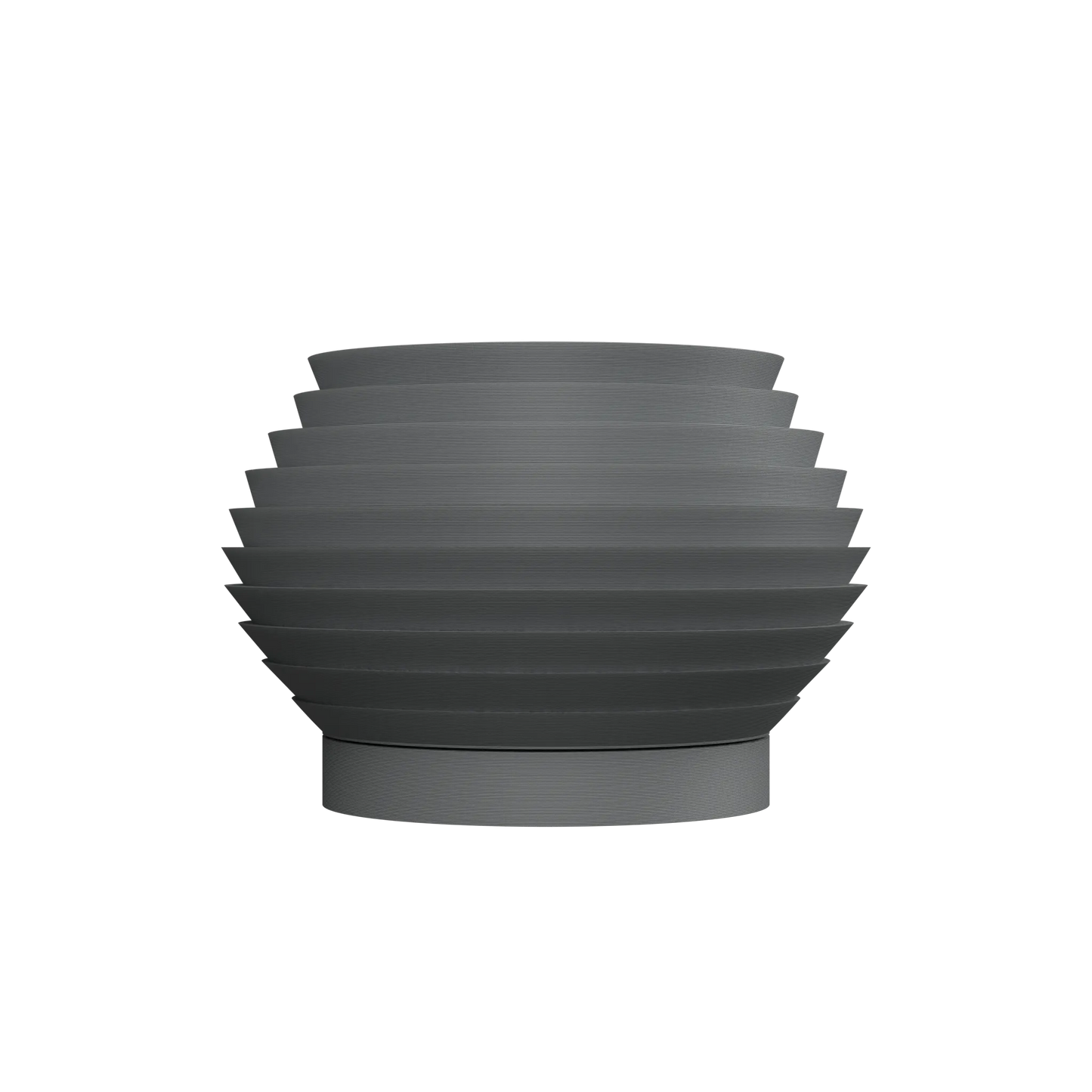 Pot décoratif gris anthracite mat en forme sphérique aplatie avec rainures horizontales régulières et base plate large.