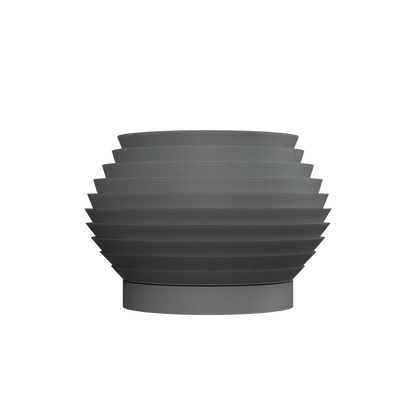 Pot décoratif gris anthracite mat en forme sphérique aplatie avec rainures horizontales régulières et base plate large.