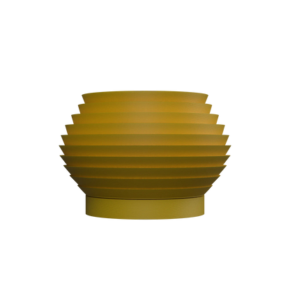 Pot décoratif rond ocre à surface nervurée horizontalement, base circulaire plate, style moderne et épuré.