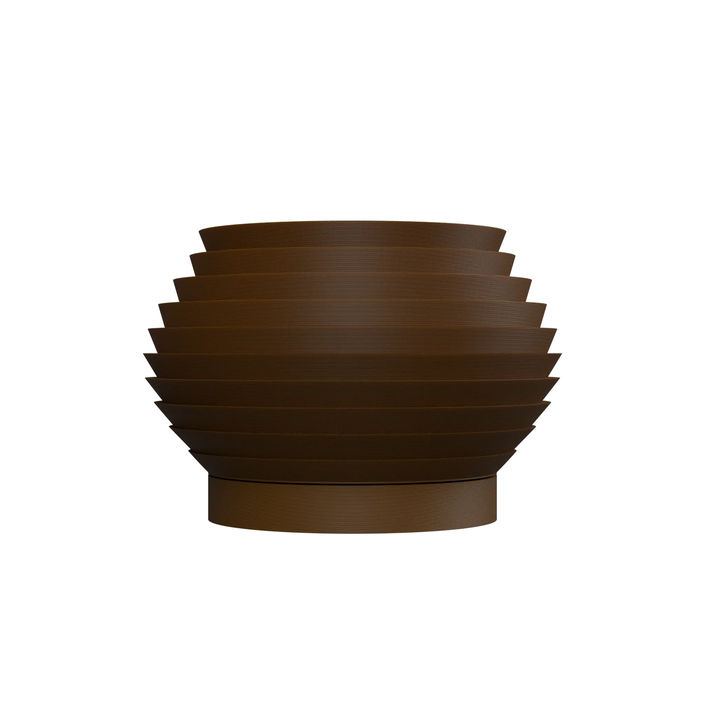 Pot décoratif moderne marron foncé avec surface ondulée en horizontal, forme arrondie et base plate.