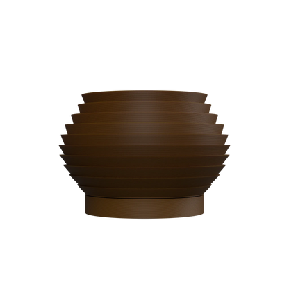 Pot décoratif moderne marron foncé avec surface ondulée en horizontal, forme arrondie et base plate.