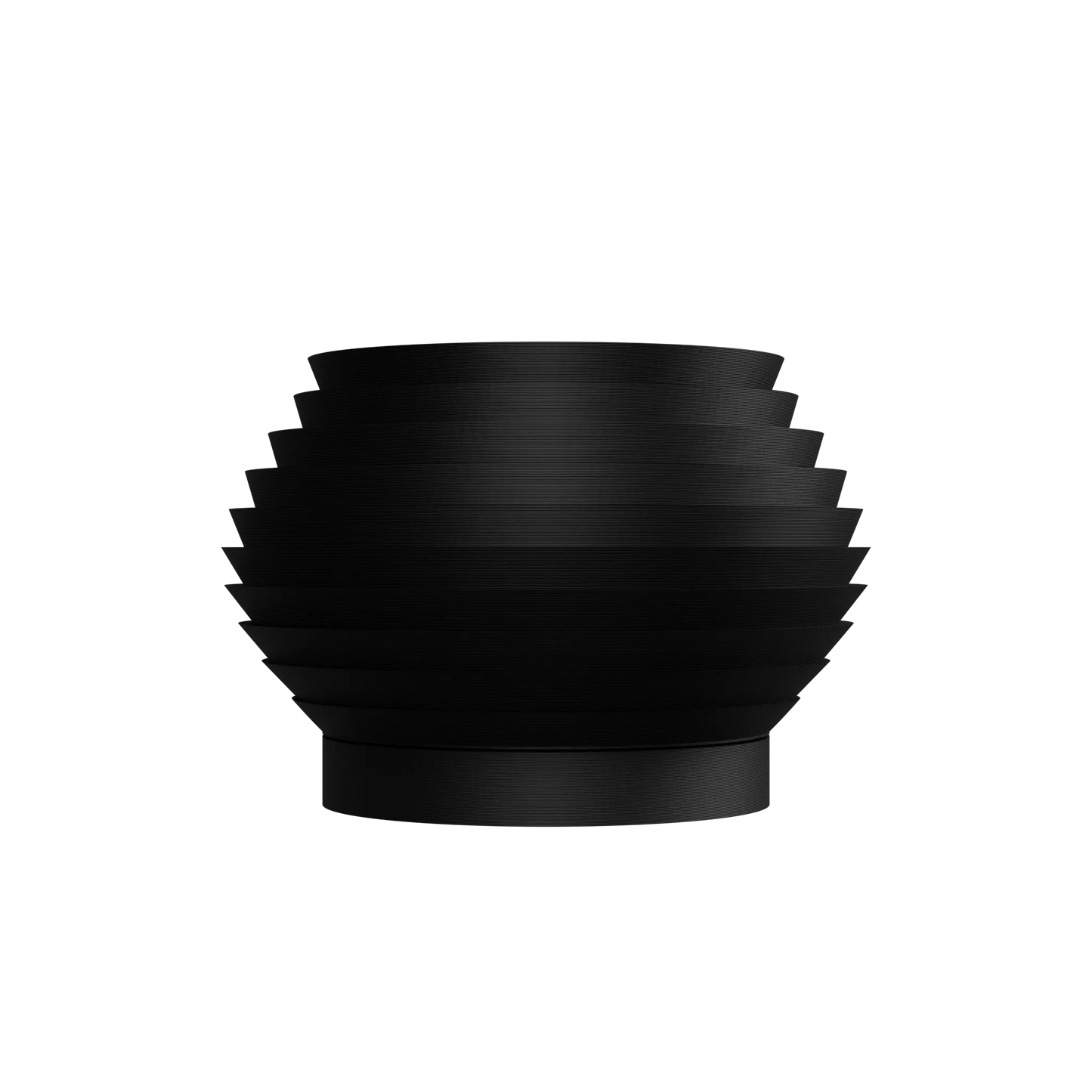 Pot décoratif noir mat à surface striée horizontale avec forme arrondie et base légèrement évasée.