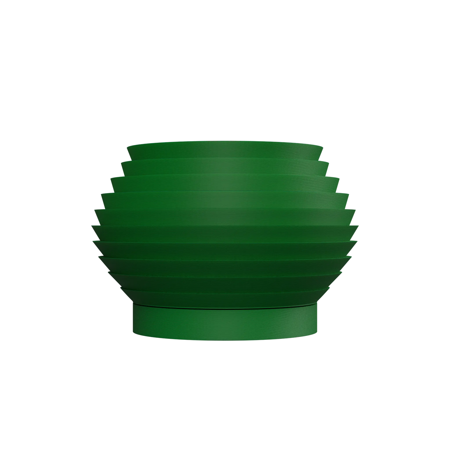 Pot décoratif vert foncé en forme ronde à surface striée horizontale, avec base plate légèrement évasée.