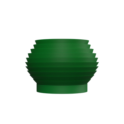 Pot décoratif vert foncé en forme ronde à surface striée horizontale, avec base plate légèrement évasée.