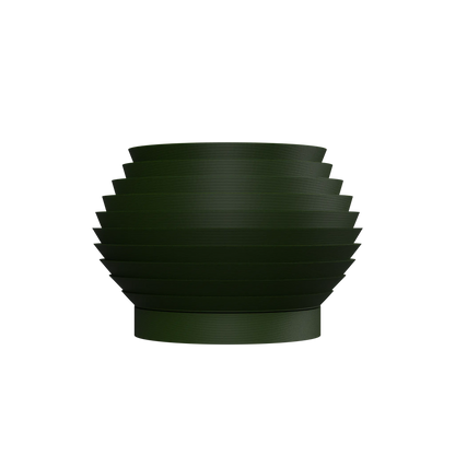 Pot décoratif rond vert foncé avec surface nervurée et forme légèrement bombée, style moderne.