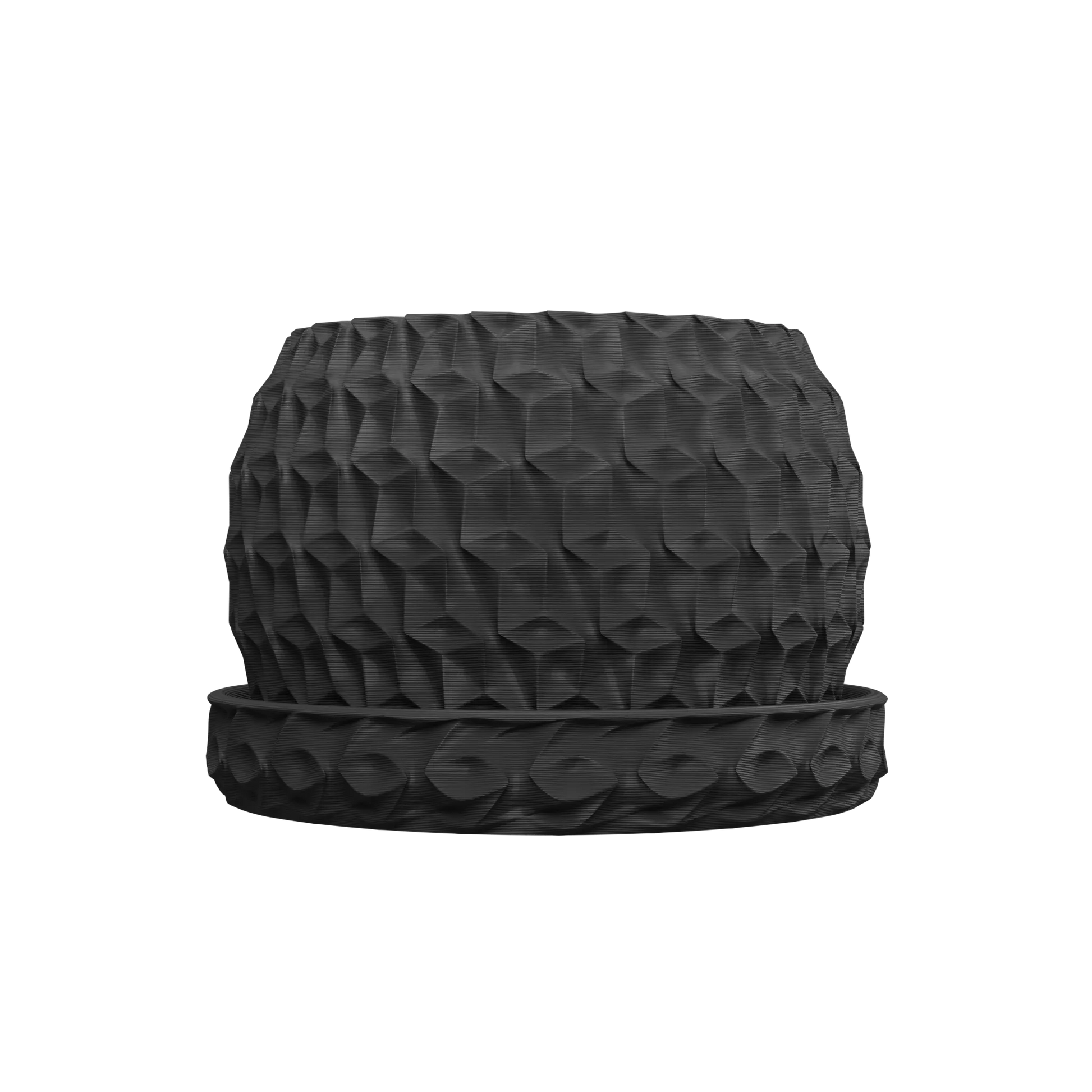 Pot décoratif noir mat à motifs hexagonaux en relief avec soucoupe assortie texturée circulaire, design moderne et.