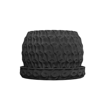 Pot décoratif noir mat à motifs hexagonaux en relief avec soucoupe assortie texturée circulaire, design moderne et.