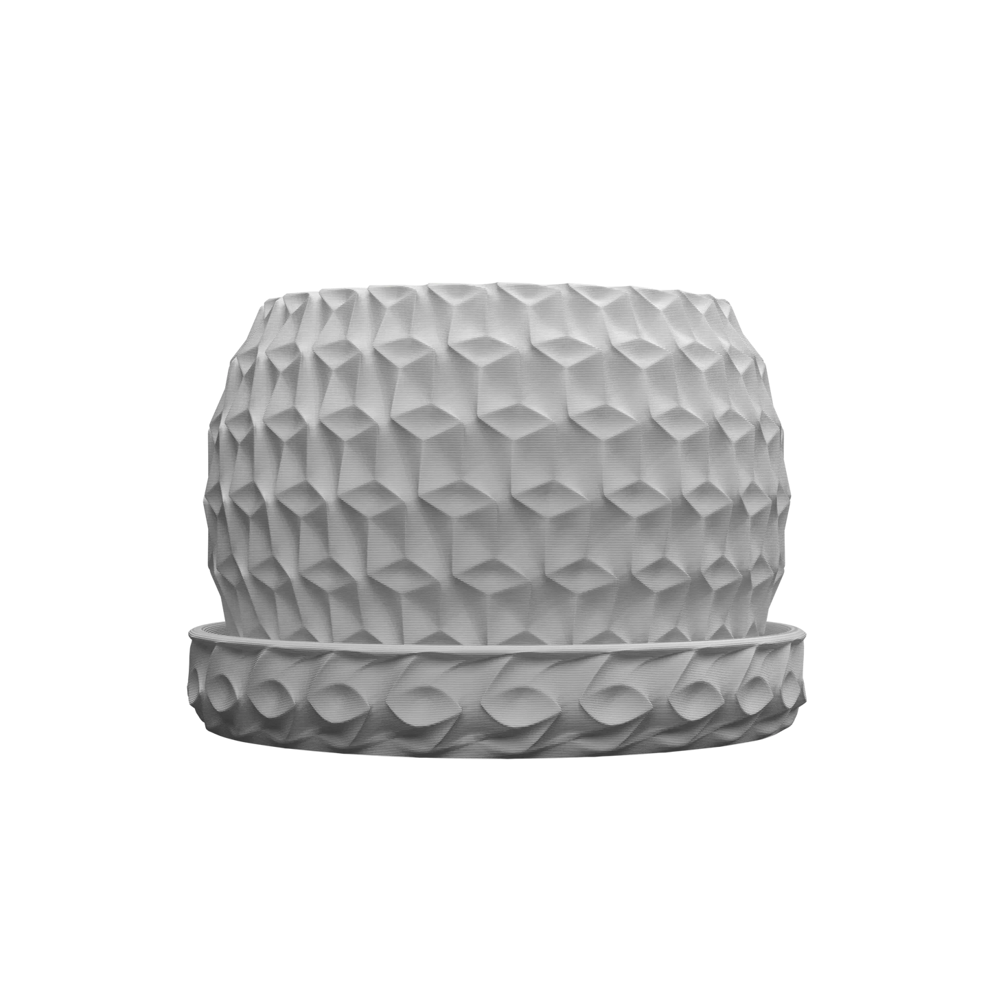 Pot décoratif gris clair en forme hexagonale avec surface en relief géométrique et soucoupe assortie texturée.