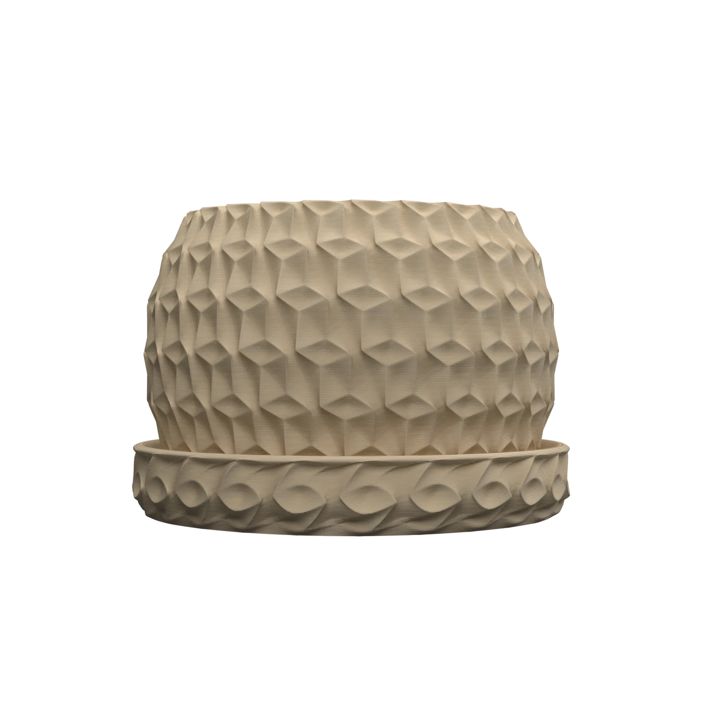 Pot décoratif hexagonal gris clair avec surface texturée en motifs géométriques en relief, socle assorti rond avec détails.