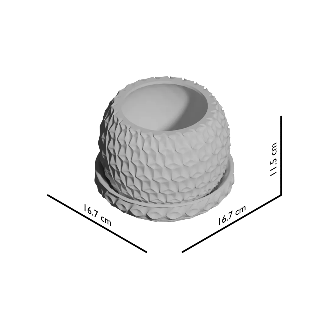 Pot décoratif blanc mat en forme hexagonale avec texture géométrique en relief et soucoupe assortie.