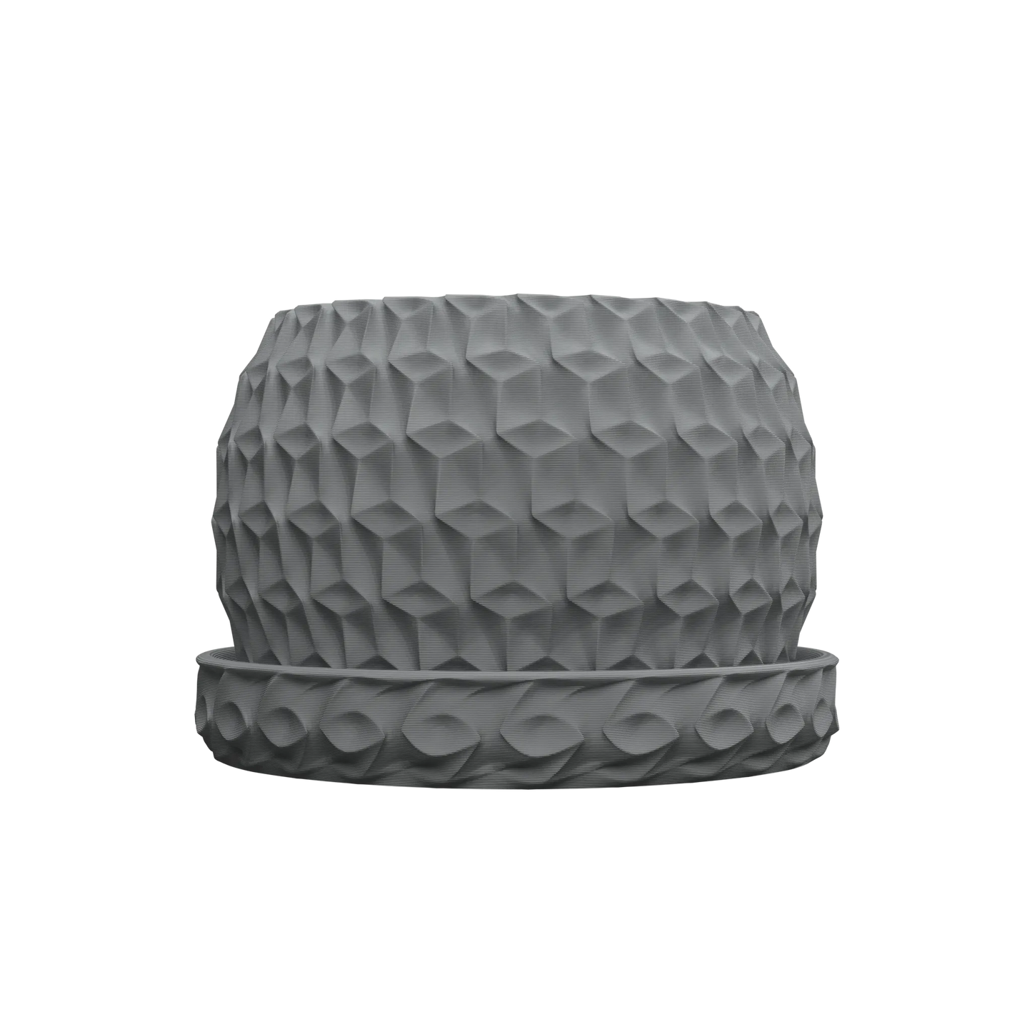 Pot décoratif hexagonal gris foncé avec surface texturée en motif géométrique en relief, accompagné d’une base assortie.