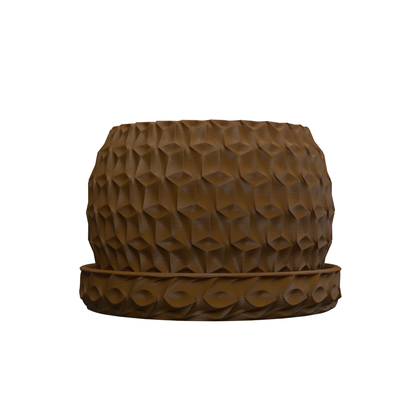 Pot décoratif marron en forme hexagonale avec motif géométrique texturé sur toute sa surface, accompagné d'une soucoupe.