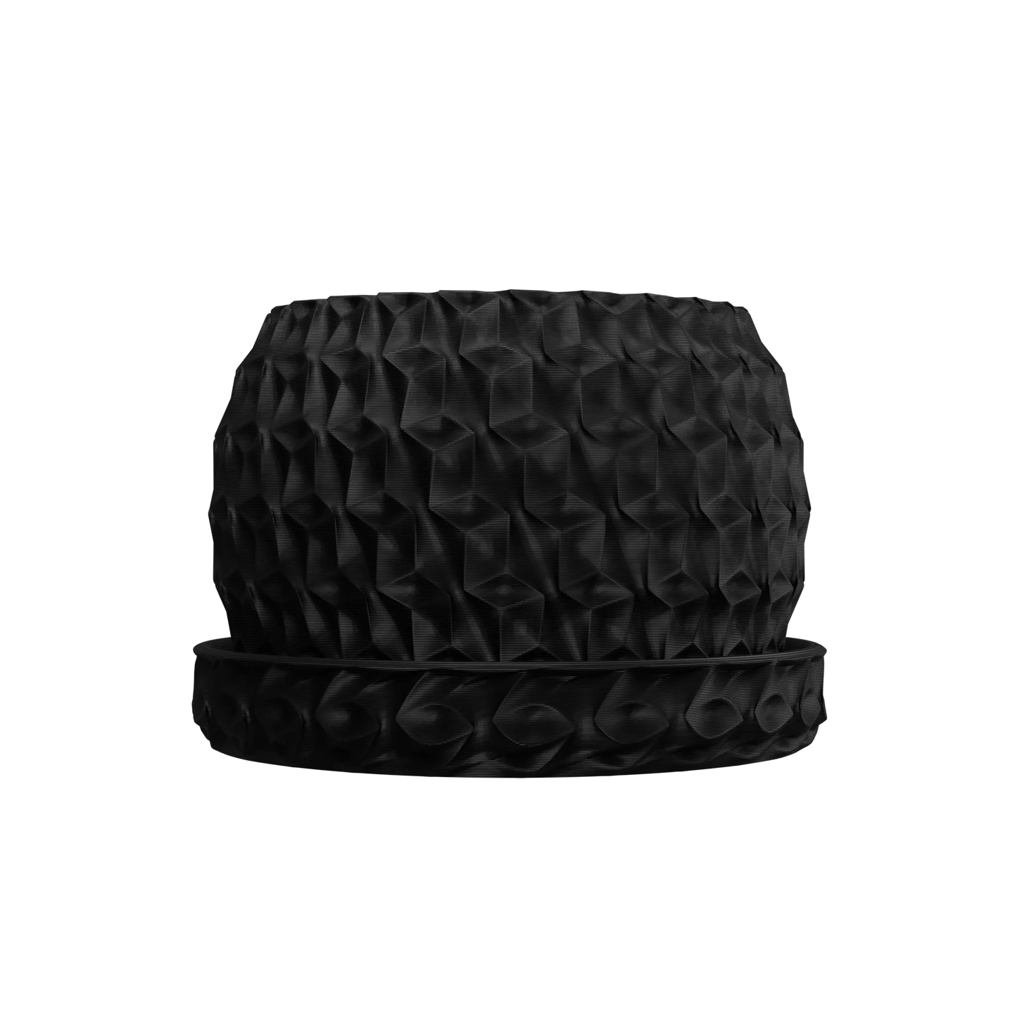 Pot décoratif noir mat à surface hexagonale texturée avec soucoupe assortie, style moderne et géométrique.