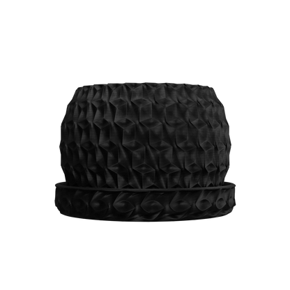 Pot décoratif noir mat à surface hexagonale texturée avec soucoupe assortie, style moderne et géométrique.