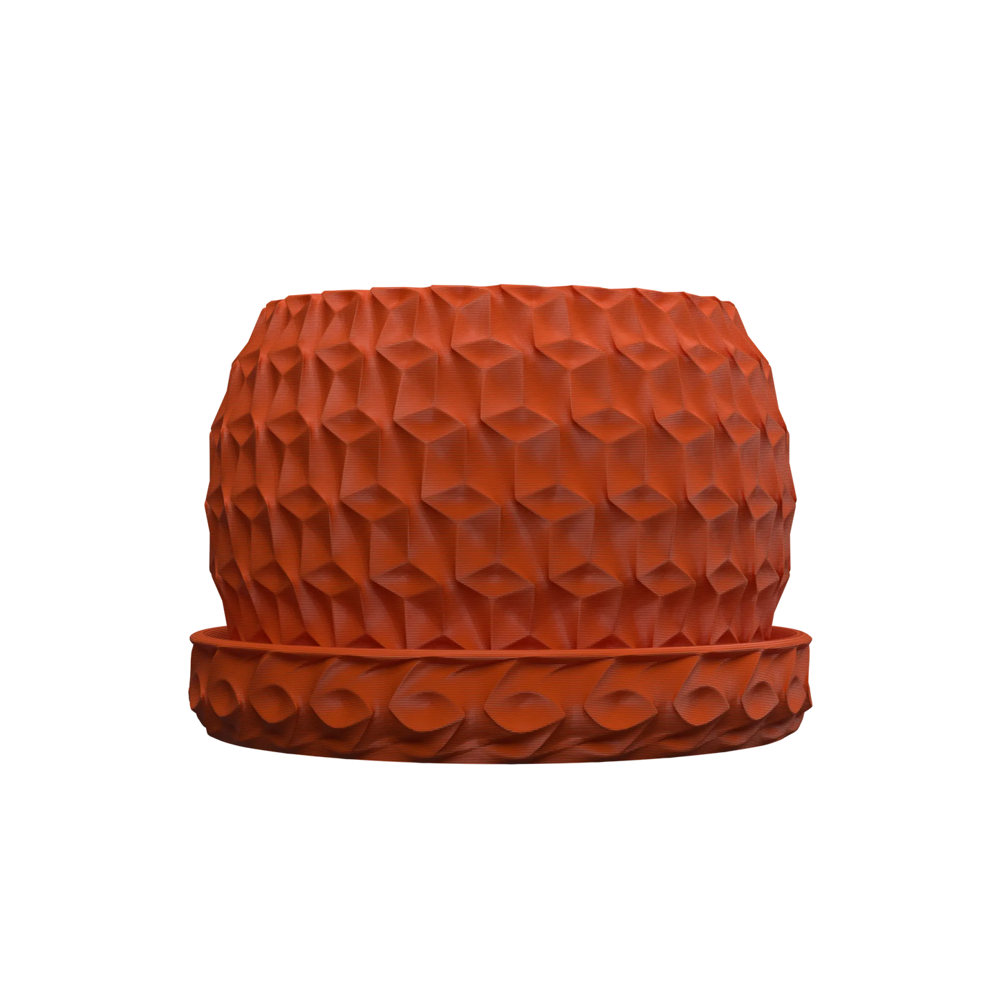 Pot décoratif hexagonal en résine rouge brique avec texture géométrique en relief couvrant toute la surface, base ronde.