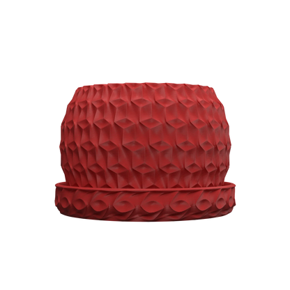 Pot décoratif rouge en matériau durable, surface texturée en hexagones pour un design contemporain unique.