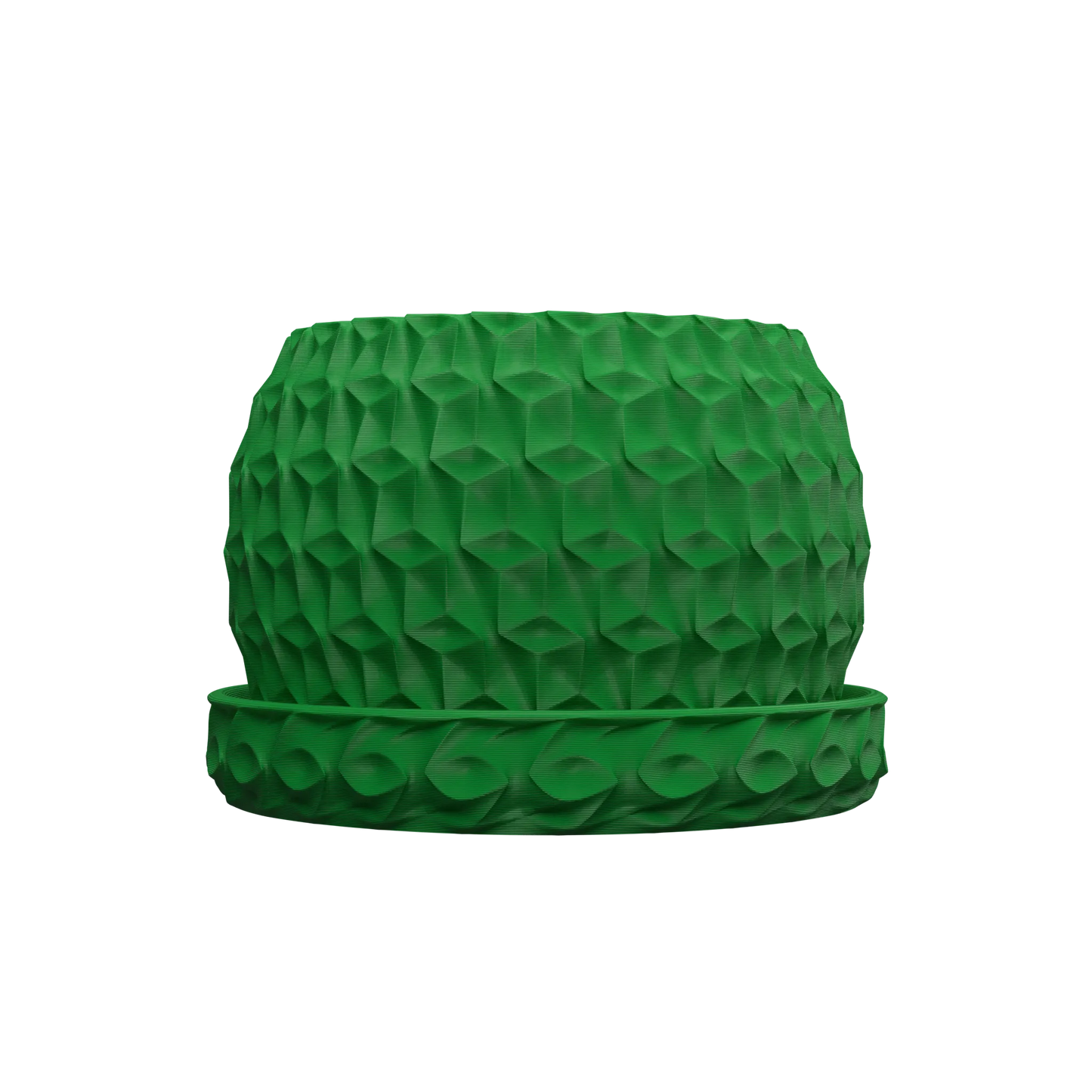 Pot décoratif hexagonal vert vif avec surface texturée en motifs géométriques et soucoupe assortie.