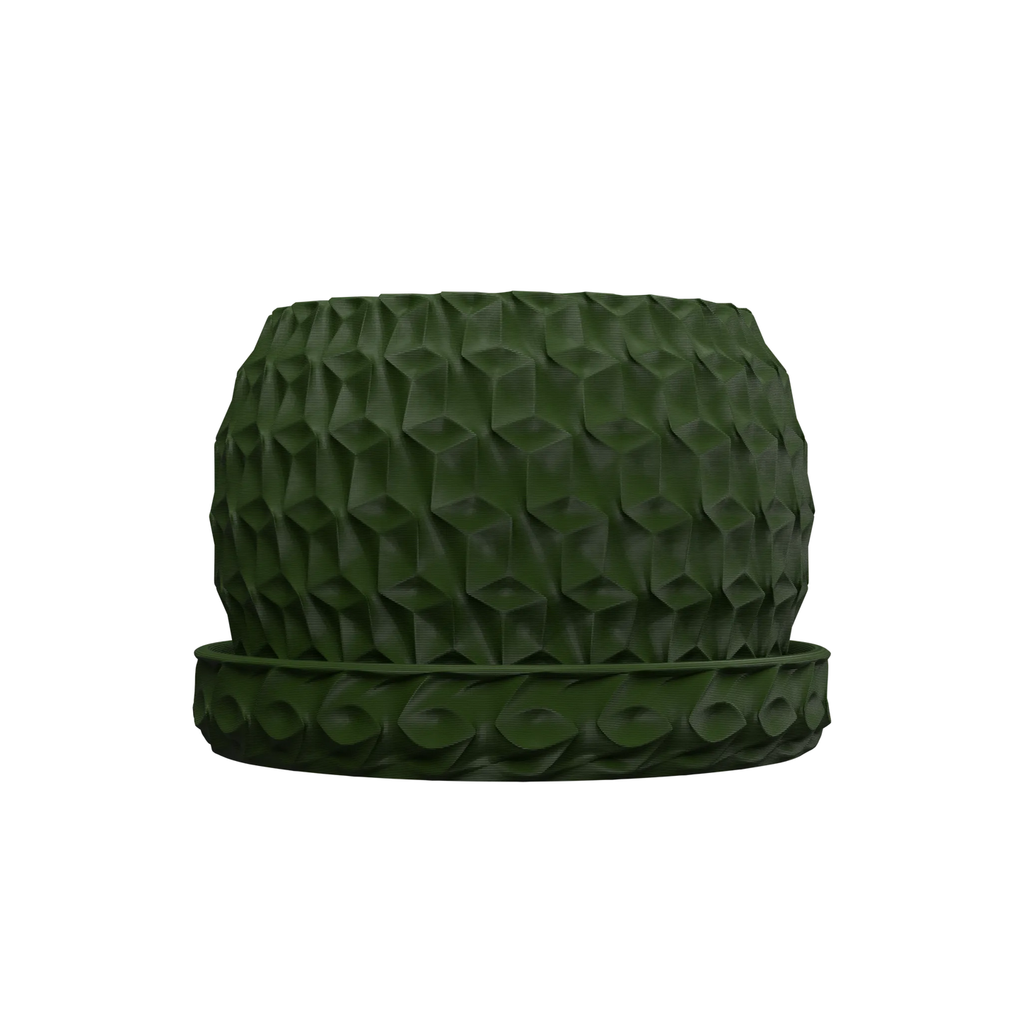 Pot décoratif hexagonal vert foncé avec texture géométrique en relief et soucoupe assortie au design moderne.