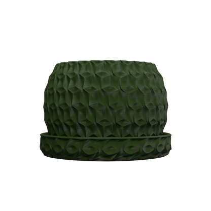 Pot décoratif hexagonal vert foncé avec texture géométrique en relief et soucoupe assortie au design moderne.