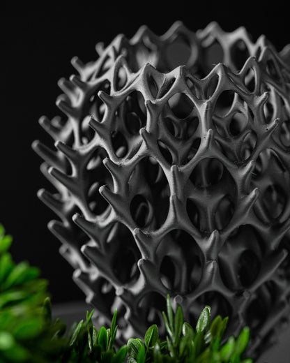 Vase noir mat avec structure ajourée en motif géométrique organique, idéal pour fleurs séchées, ambiance moderne et.