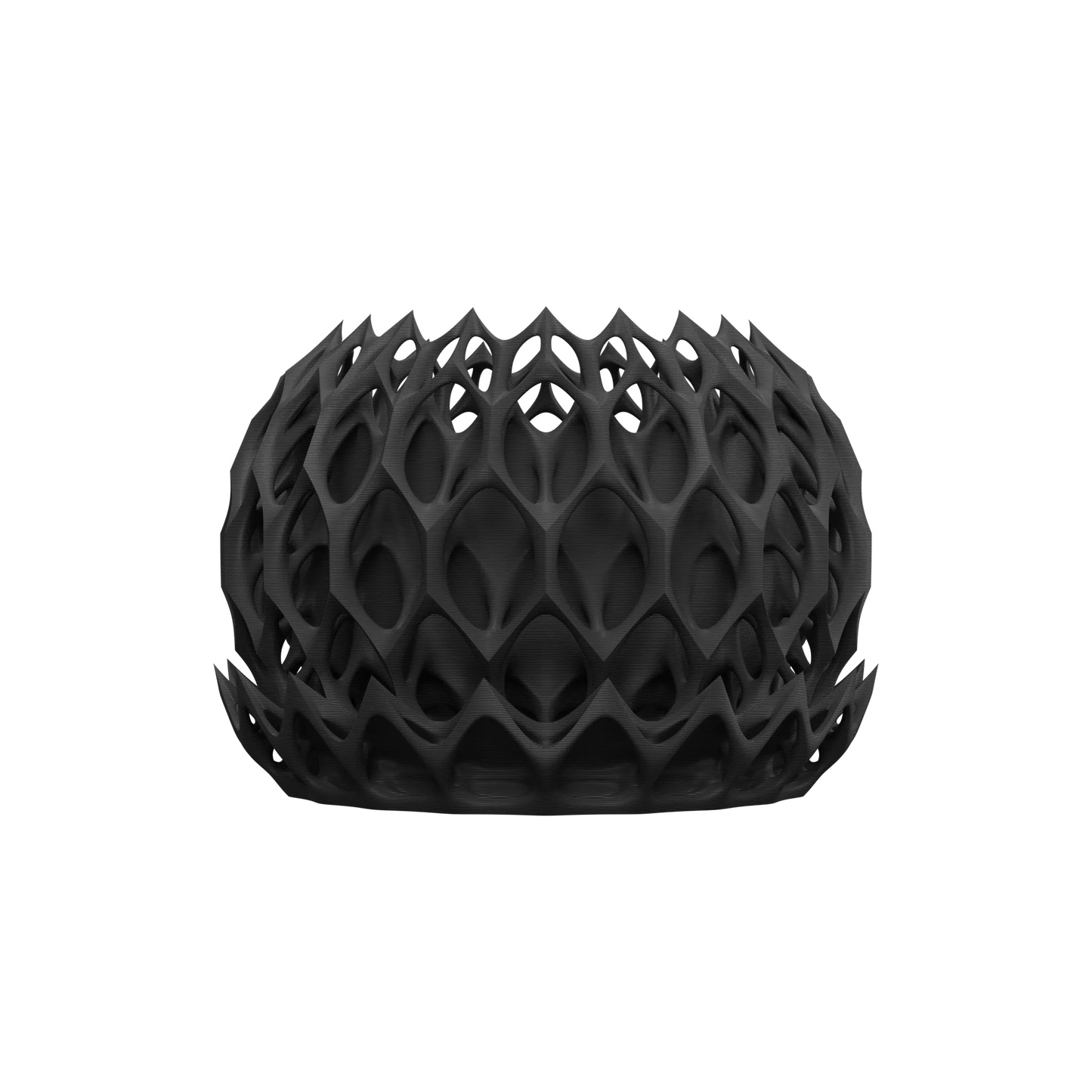 Pot décoratif noir en plastique avec structure alvéolaire futuriste et finition mate.