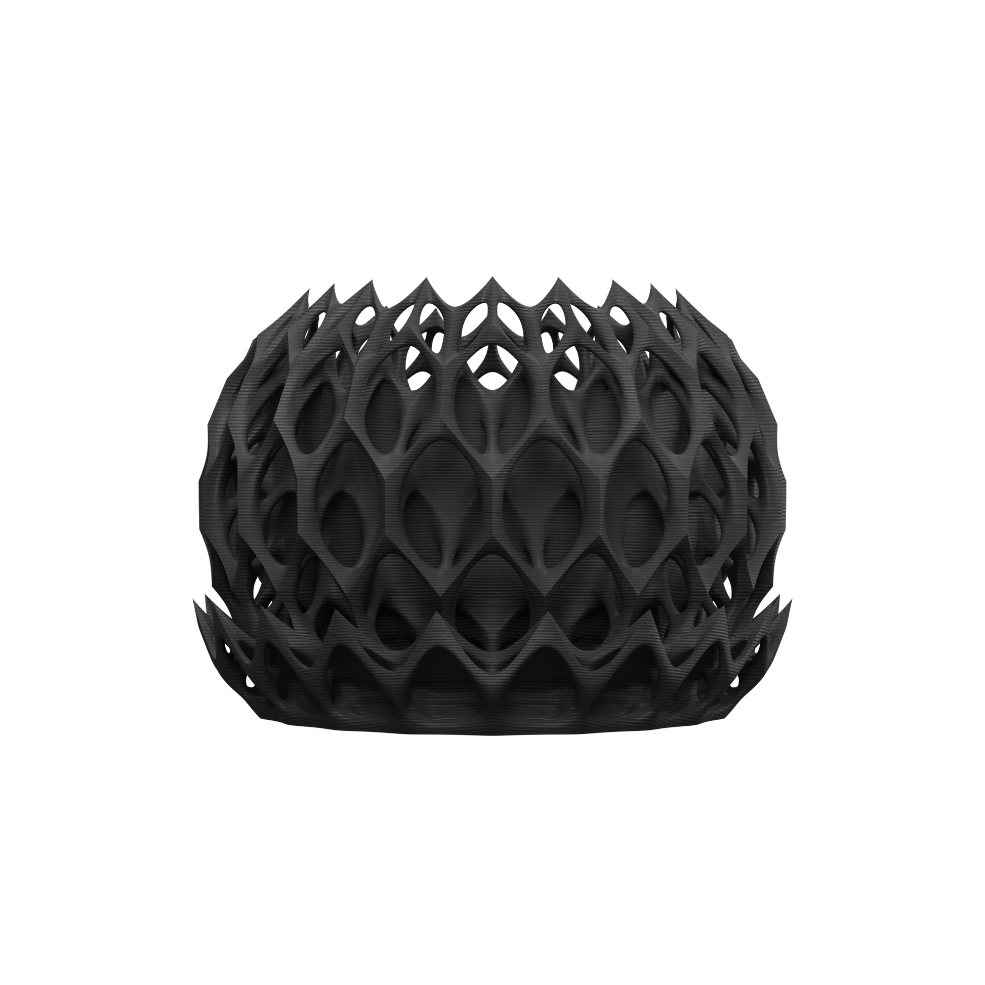 Pot décoratif noir en plastique avec structure alvéolaire futuriste et finition mate.