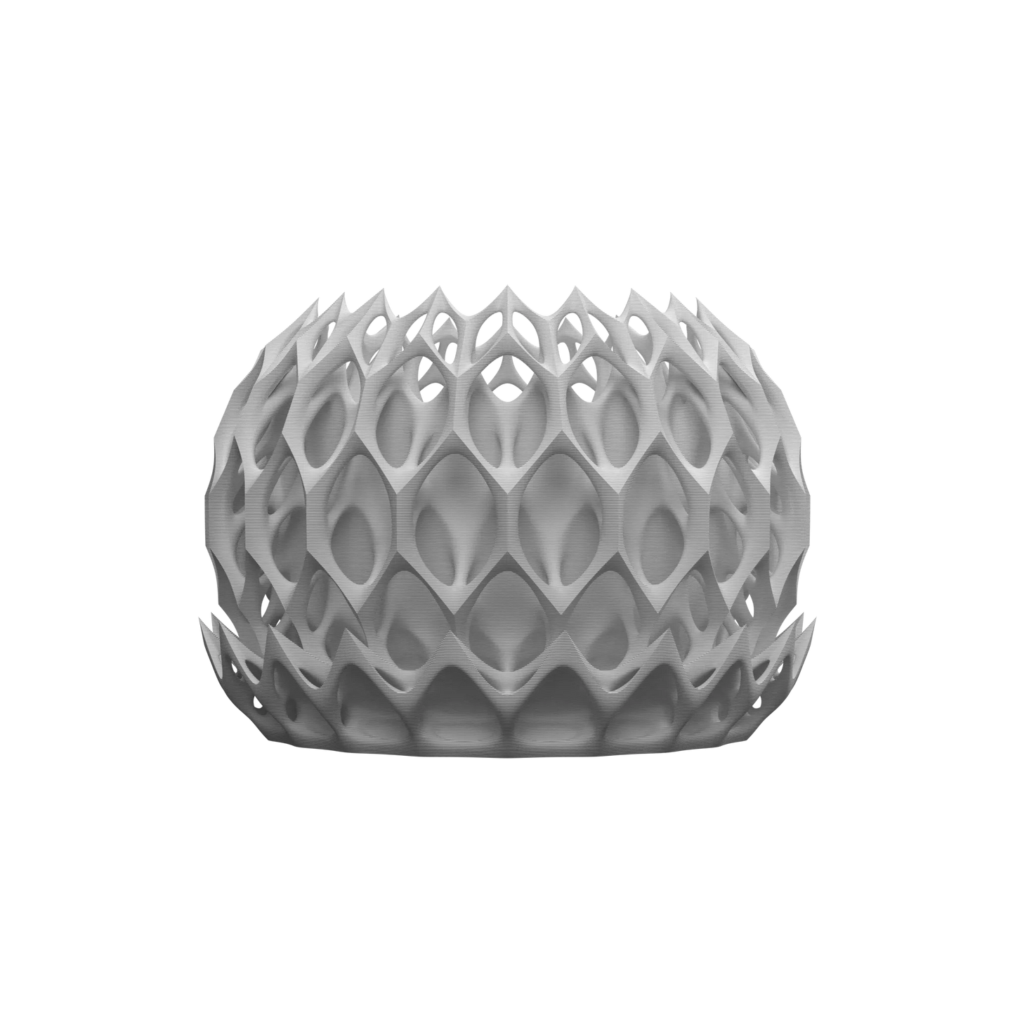 Pot décoratif gris en plastique avec motif géométrique ajouré imitant une structure alvéolaire, forme arrondie et moderne.