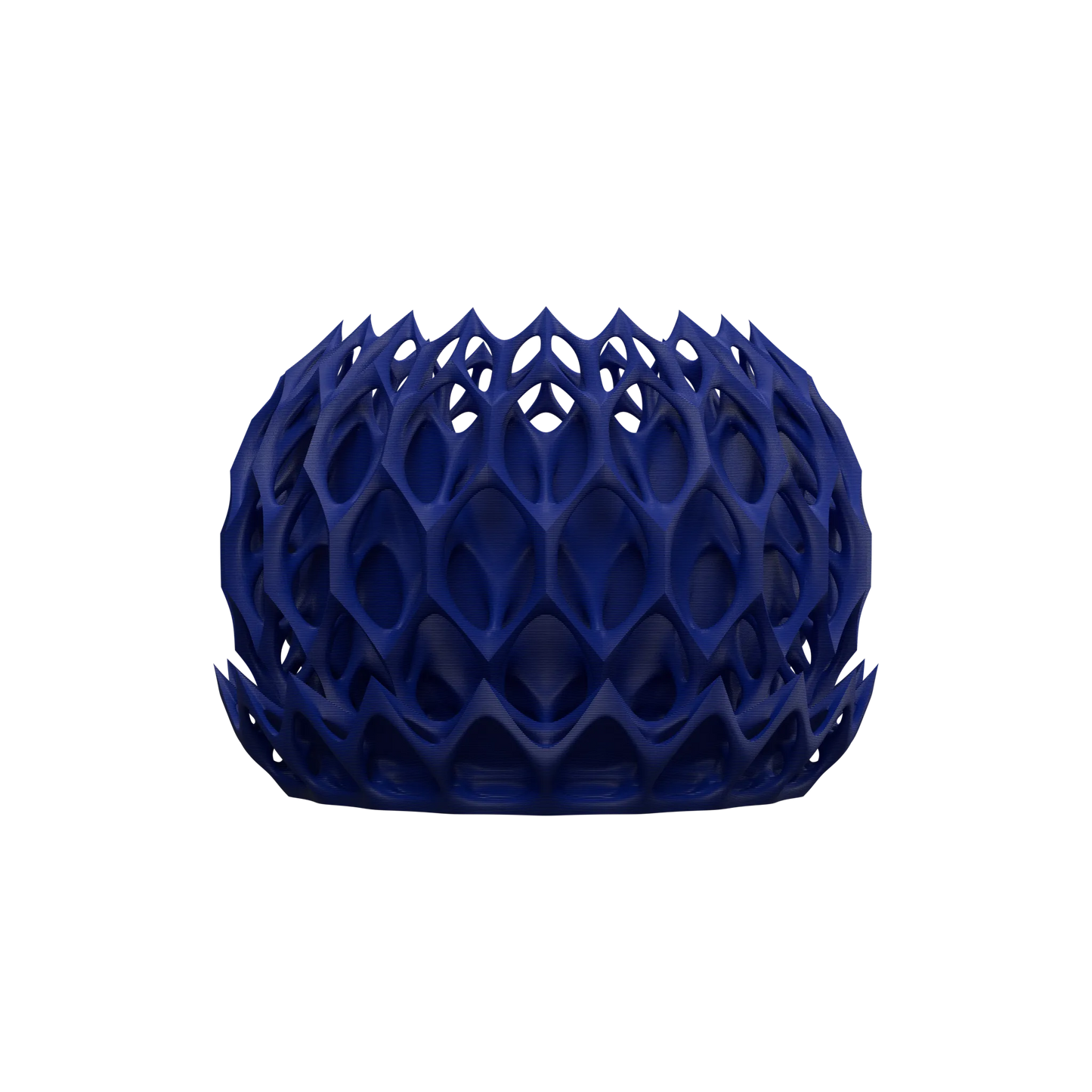 Pot décoratif bleu marine avec structure alvéolée en nid d'abeille, forme arrondie et moderne, aspect ajouré en plastique.