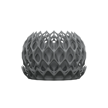 Pot décoratif gris anthracite en design moderne ajouré avec motifs géométriques en relief, forme ronde et creuse.