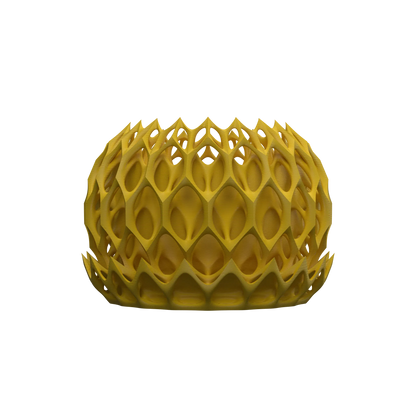 Pot décoratif jaune à motif alvéolé en forme de réseau tridimensionnel, style moderne et innovant.