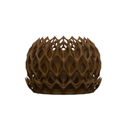 Pot décoratif en plastique marron avec motif ajouré géométrique inspiré du design machine, forme arrondie et moderne.