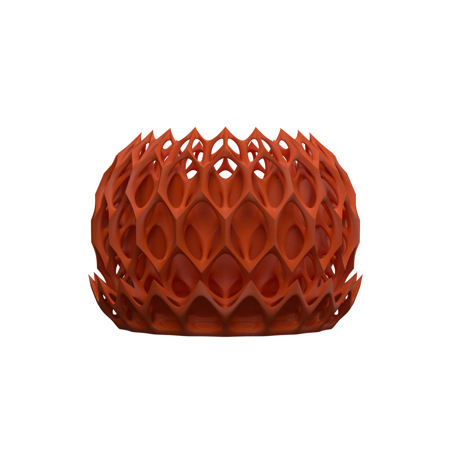 Pot décoratif rouge brique en matériau ajouré avec motifs géométriques arrondis en relief, forme ronde et creuse, style.